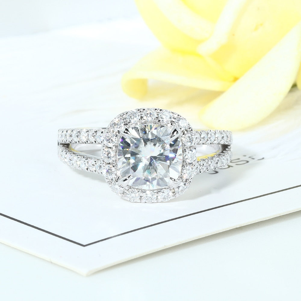 14K White Gold 2ct Cushion Cut Diamond Split Band Halo Engagement Ring-Black Diamonds New York