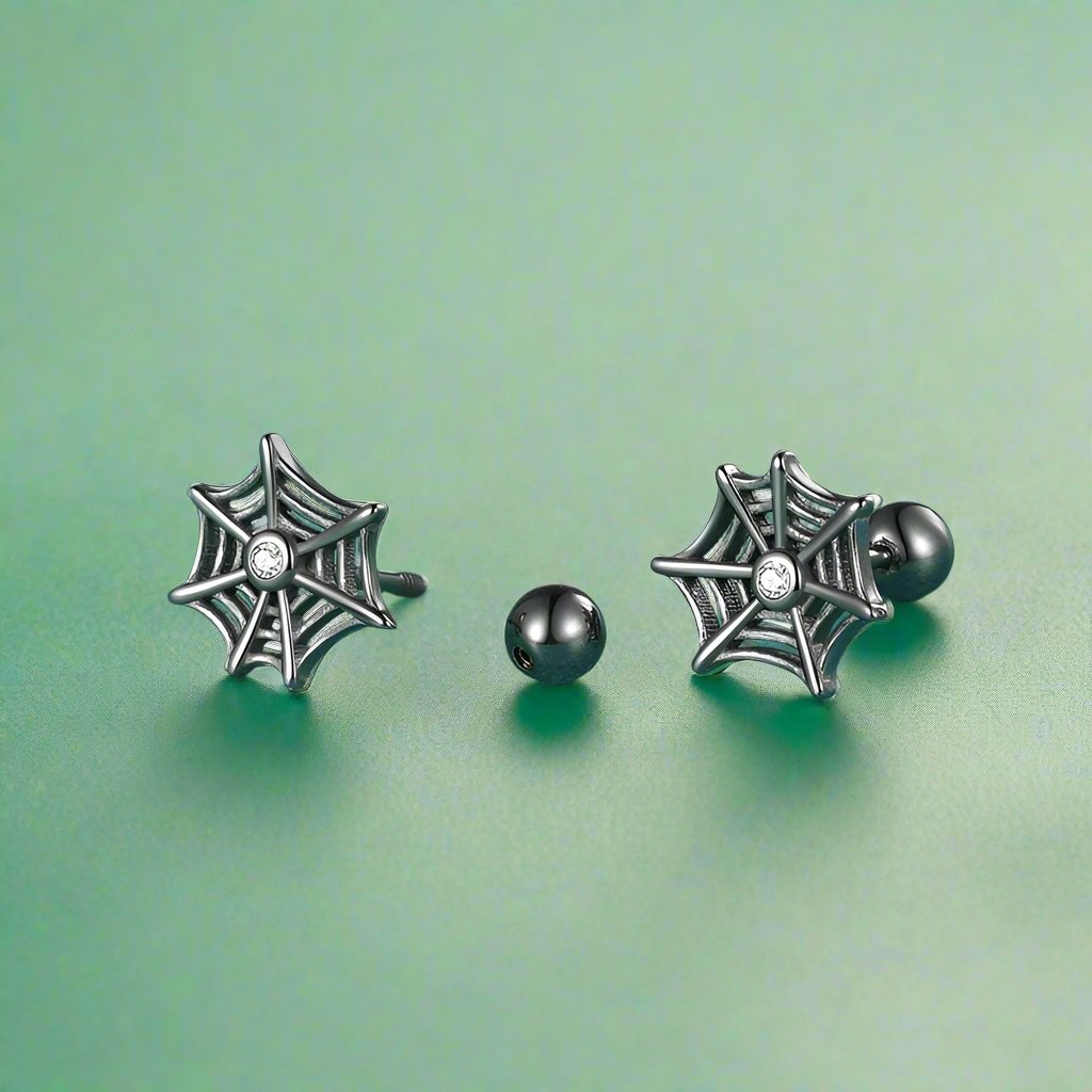 Black Spider Web Screw Stud Earrings