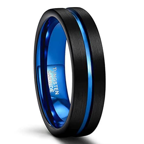 Blue Center Groove Tungsten Men's Wedding Band-Black Diamonds New York