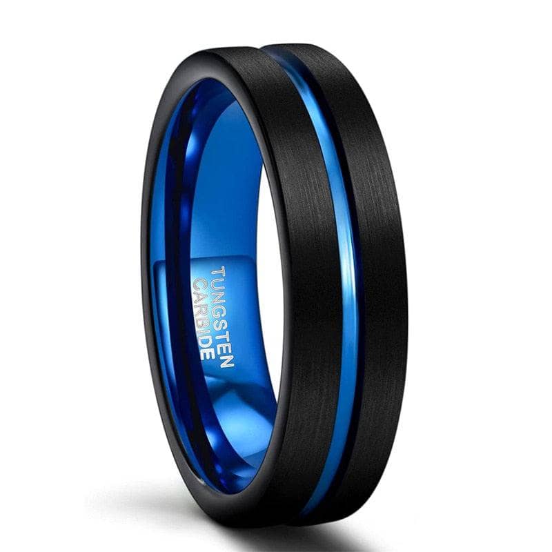 Blue Center Groove Tungsten Men's Wedding Band-Black Diamonds New York