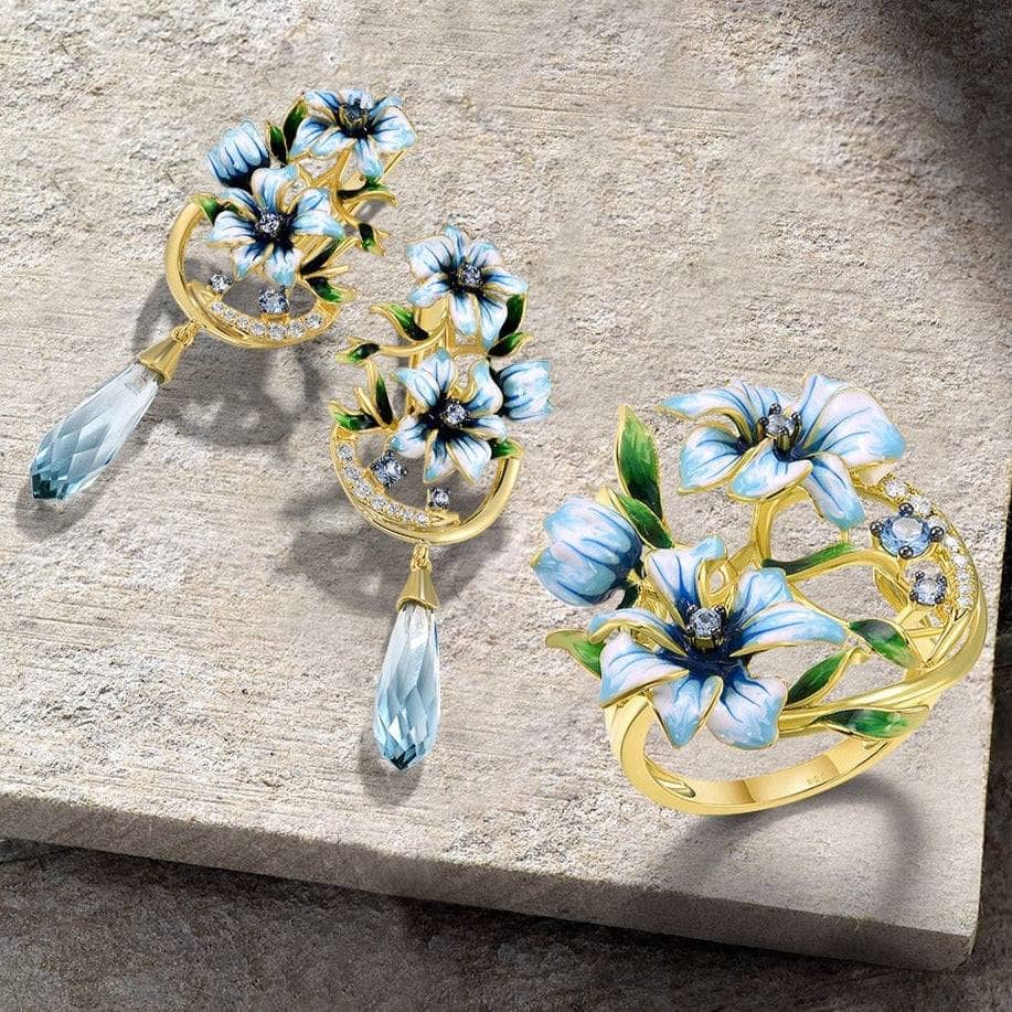 Gold Plate Flower Design Green Enamel LV Earrings