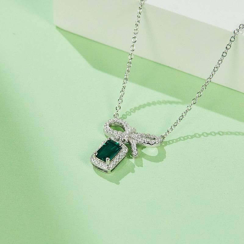 Bow knot Christmas Lab Grown Emerald Gemstone Necklace-Black Diamonds New York