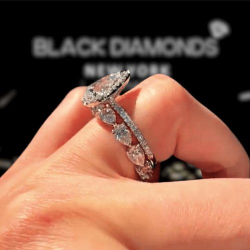 Bridal Set Halo Pear Cut Engagement Ring-Black Diamonds New York