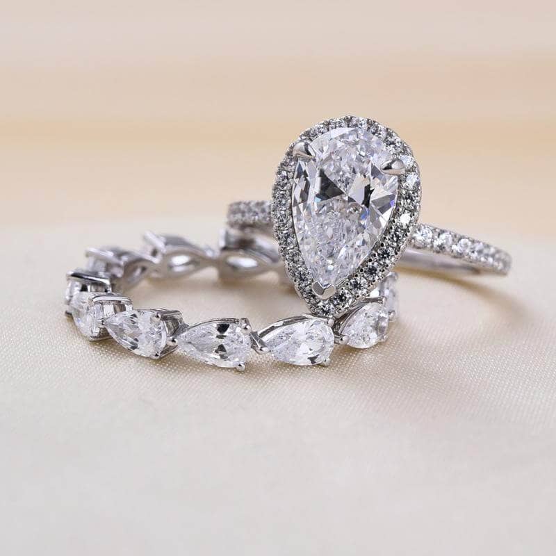 Bridal Set Halo Pear Cut Engagement Ring-Black Diamonds New York