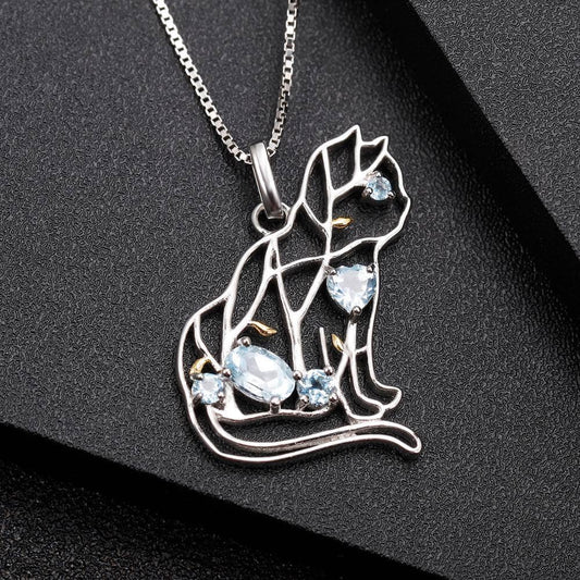 Cat Shape Natural Sky Blue Topaz Handmade Pendant Necklace-Black Diamonds New York