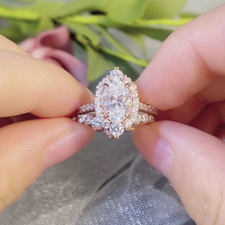 Rose Gold Unique Design Halo Oval Cut Wedding Set