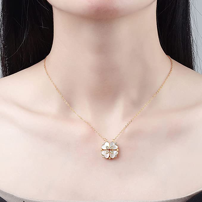 Double Sided Heart Clover Chain, Four Leaf Clover Necklace