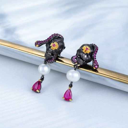 Creative Retro Skull Halloween Piercing Studs Earrings-Black Diamonds New York