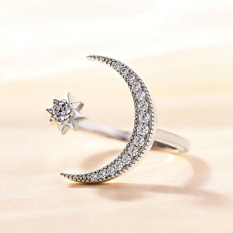 Crescent Moon & Star Adjustable Open Ring-Black Diamonds New York