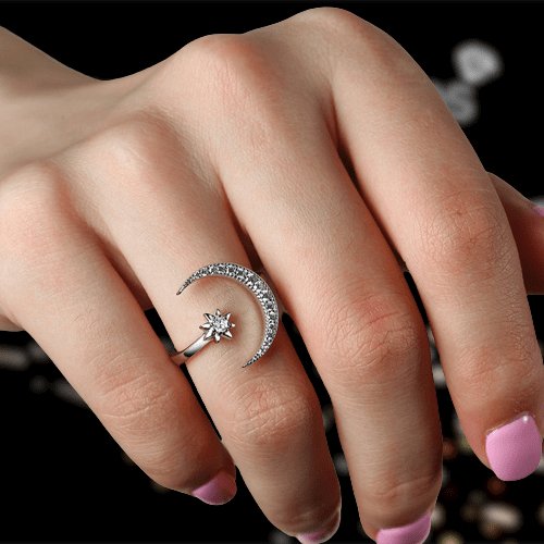 Crescent Moon & Star Adjustable Open Ring-Black Diamonds New York