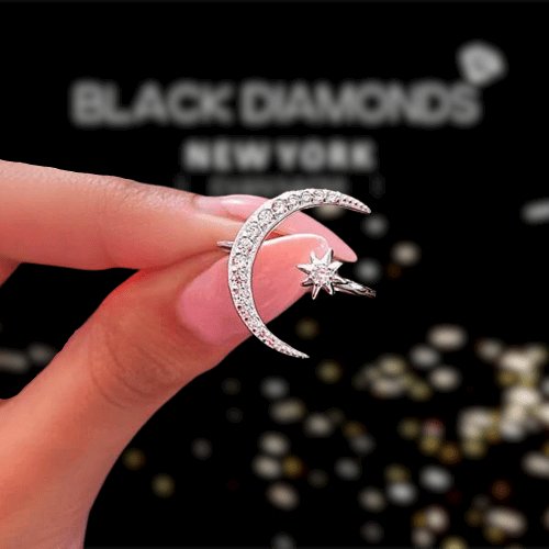 Crescent Moon & Star Adjustable Open Ring-Black Diamonds New York