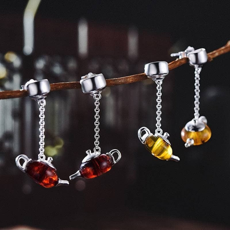 Cute Amber Teapot Dangle Earrings-Black Diamonds New York