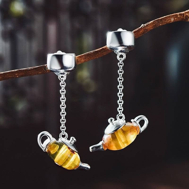 Cute Amber Teapot Dangle Earrings-Black Diamonds New York