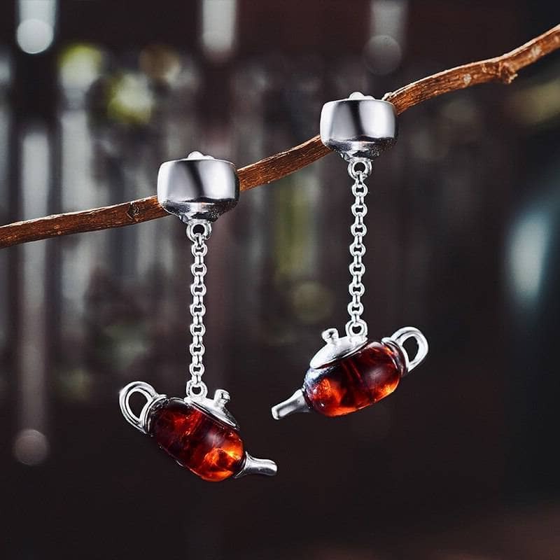 Cute Amber Teapot Dangle Earrings-Black Diamonds New York