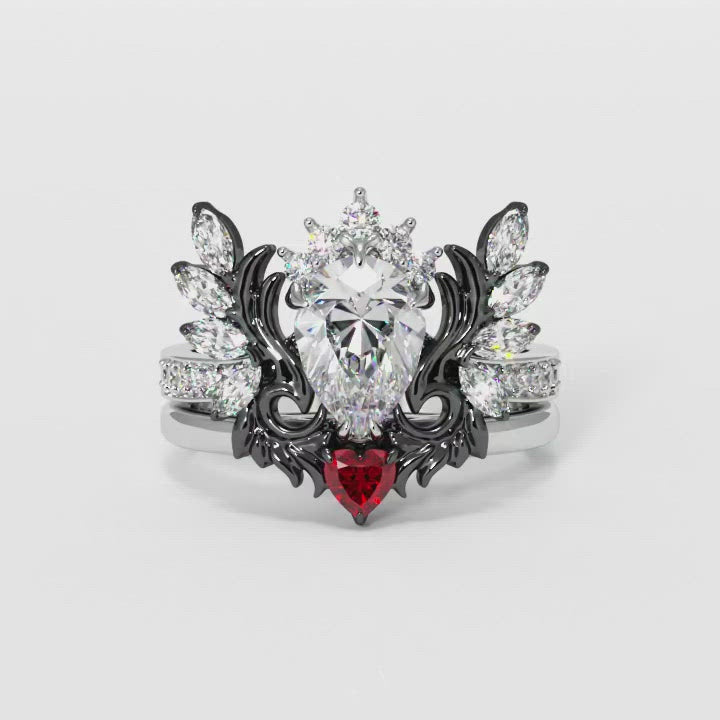 Angel's Wings- 14k White Gold Pear Cut and Red Heart Diamond Gothic Promise Ring