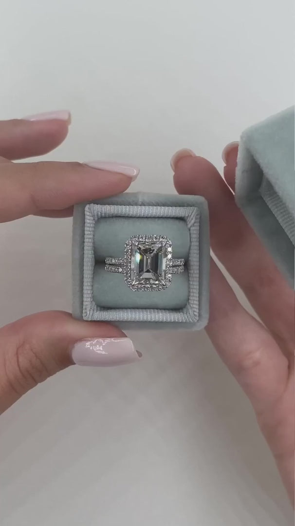 4.0ct Halo Emerald Cut Wedding Ring Set