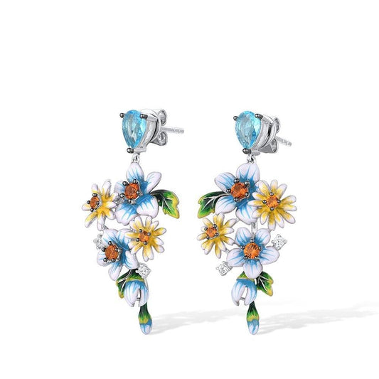 Delicate Blue & Yellow Enamel Flower Earrings with Diamond-Black Diamonds New York