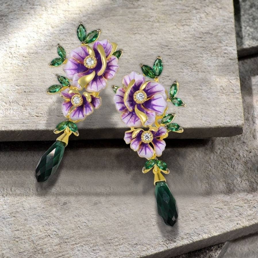 Delicate Enamel Flower with Created Diamond Drop Earrings-Black Diamonds New York