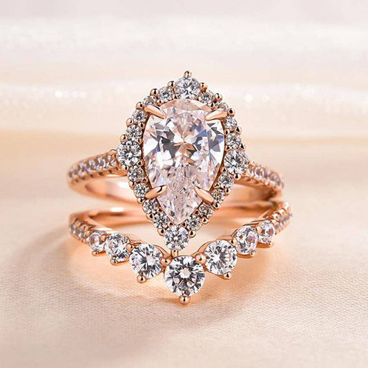 Elegant Rose Gold 2.2 Carat Halo Pear Cut Bridal Ring Set DIKO MAHANAP!!!-Black Diamonds New York