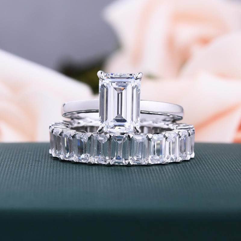 Emerald Cut Solitaire Diamond Wedding Ring Set-Black Diamonds New York