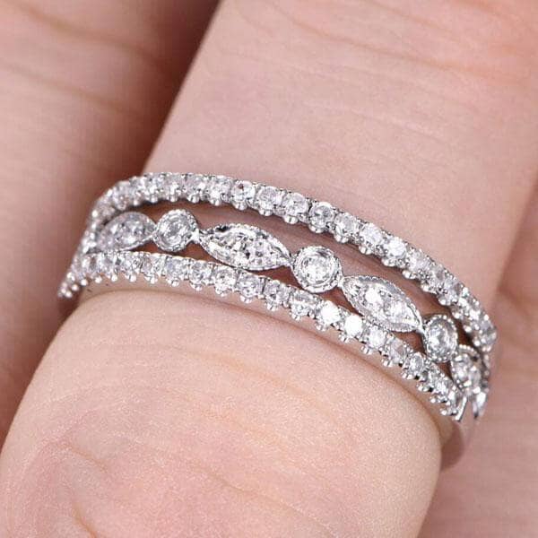 Eternity 3PC Stacking Wedding Band Set In White Gold Plated-Black Diamonds New York