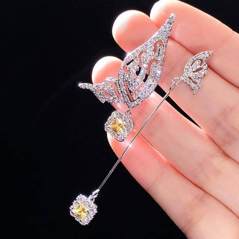 Created Diamond Asymmetrical Wing Fashionable Earrings-Black Diamonds New York
