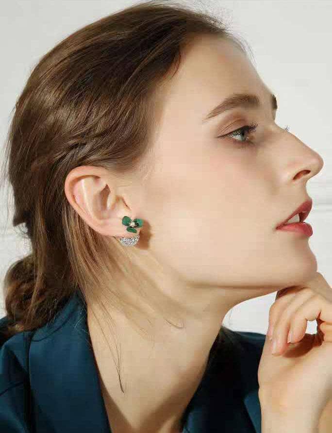 Diamond Deep Green Flower Double-sided Pearl Earrings-Black Diamonds New York