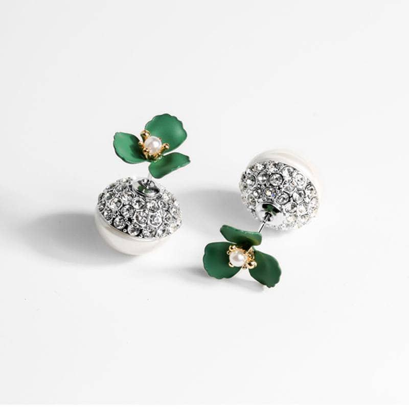 Diamond Deep Green Flower Double-sided Pearl Earrings-Black Diamonds New York