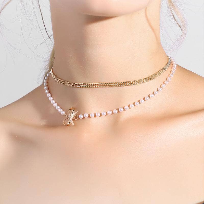 Diamond Double Chain Pearl Bow Collarbone Necklace-Black Diamonds New York