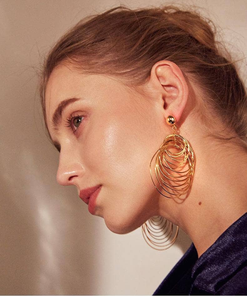 Created Diamond Exaggerated Golden Multiple Circles Earrings-Black Diamonds New York