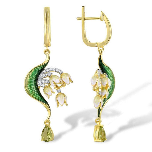 Green Enamel Flower Drop Earrings with Diamond-Black Diamonds New York