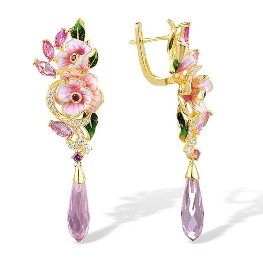 Diamond Pink Enamel Flower Drop Earrings-Black Diamonds New York