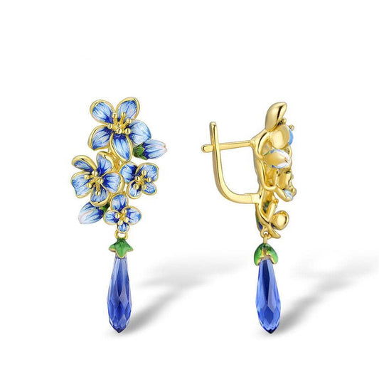 Exquisite Enamel Flowers Drop Earrings-Black Diamonds New York