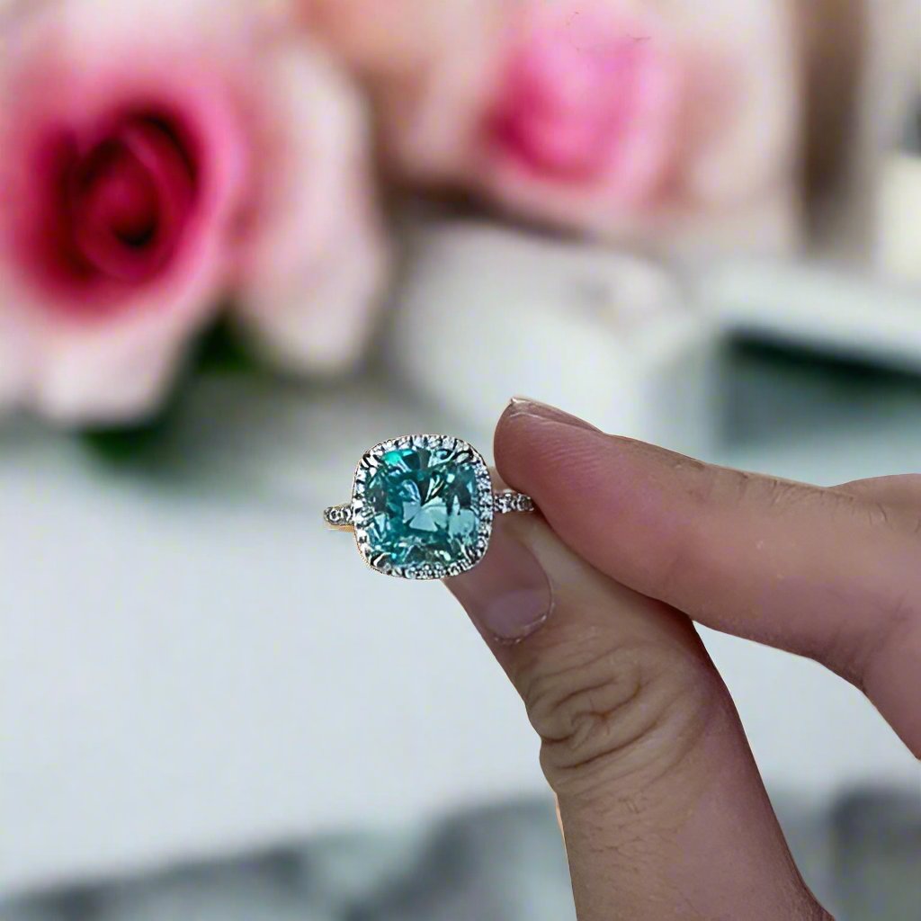 Exquisite Halo Cushion Cut Cyan Blue Diamond Engagement Ring Black Diamonds New York