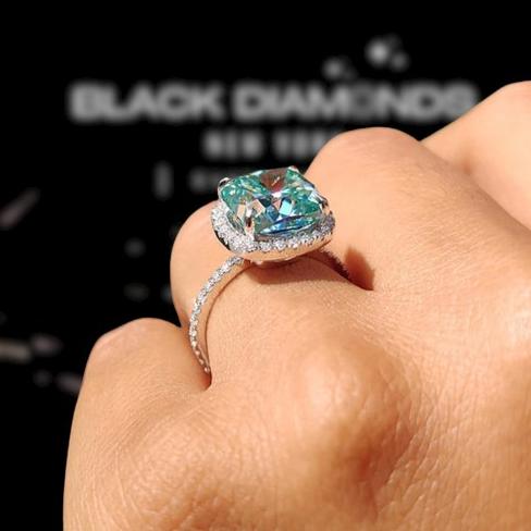 Black diamond and aquamarine cushion cut online ring