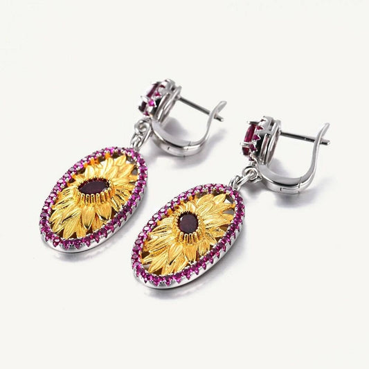 Exquisite Sunflower Long Earrings-Black Diamonds New York