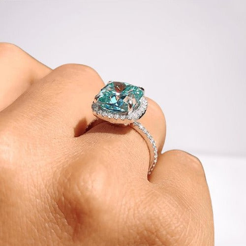 Flash Sale- Exquisite Halo Cushion Cut Simulated Cyan Blue Engagement Ring-Black Diamonds New York