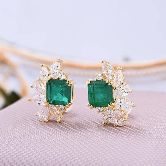 Flower Princess Cut Simulated Diamond Emerald Stud Earrings-Black Diamonds New York