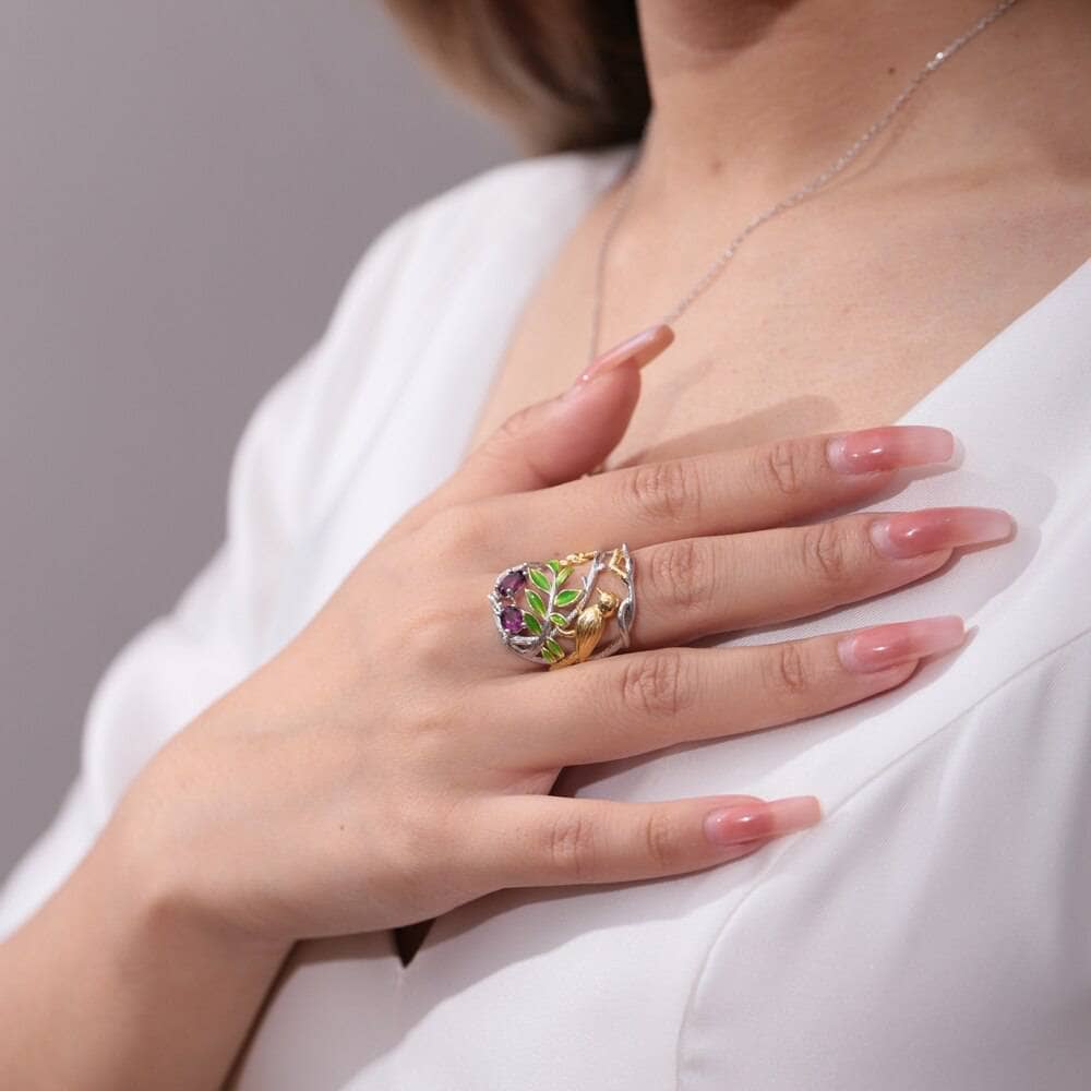 Flowers And Birds On Branch Ring-Black Diamonds New York