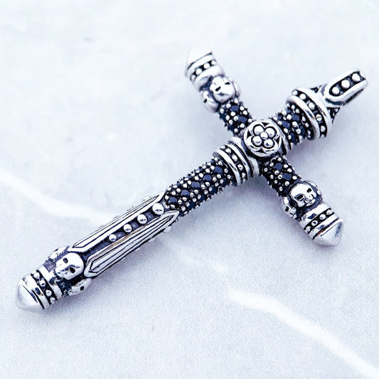 Gothic Cross with Created Diamond Sword Pendant-Black Diamonds New York