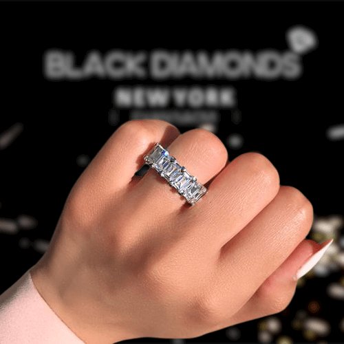 Halo Emerald Cut Ring & Diamond Wedding Band Set-Black Diamonds New York