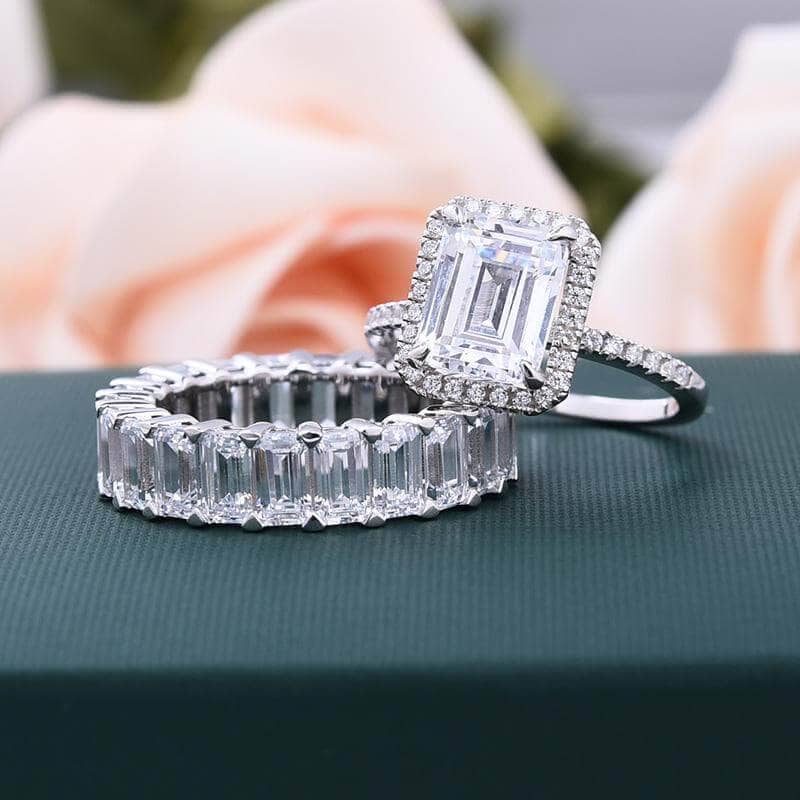 Halo Emerald Cut Ring & Diamond Wedding Band Set-Black Diamonds New York