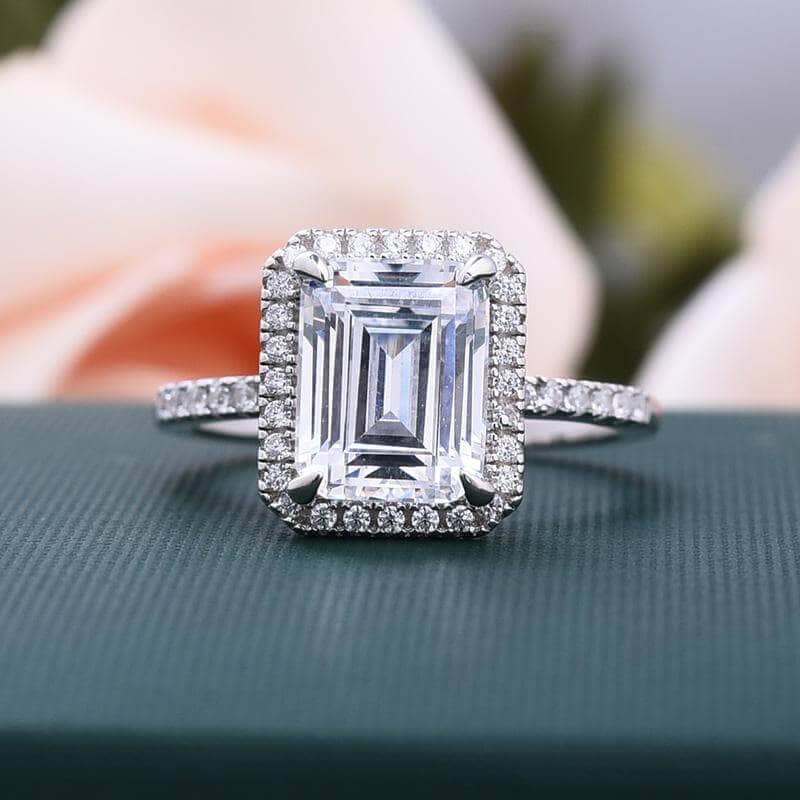 Halo Emerald Cut Ring & Diamond Wedding Band Set-Black Diamonds New York