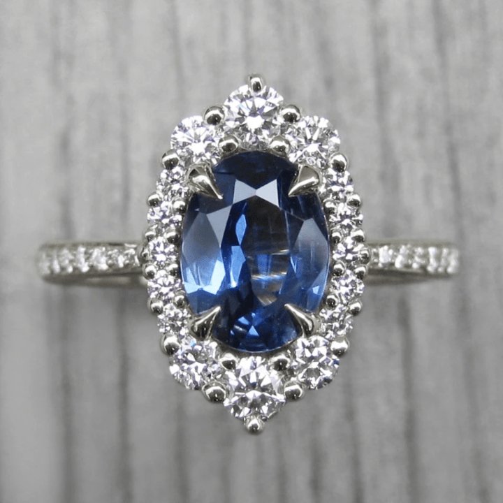 Halo Oval Cut Blue Sapphire Engagement Ring-Black Diamonds New York