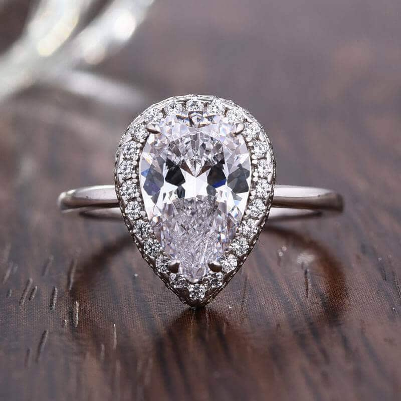 Halo Pear Cut Simulated Diamond Engagement Ring-Black Diamonds New York