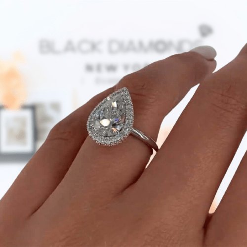 Halo Pear Cut Simulated Diamond Engagement Ring-Black Diamonds New York