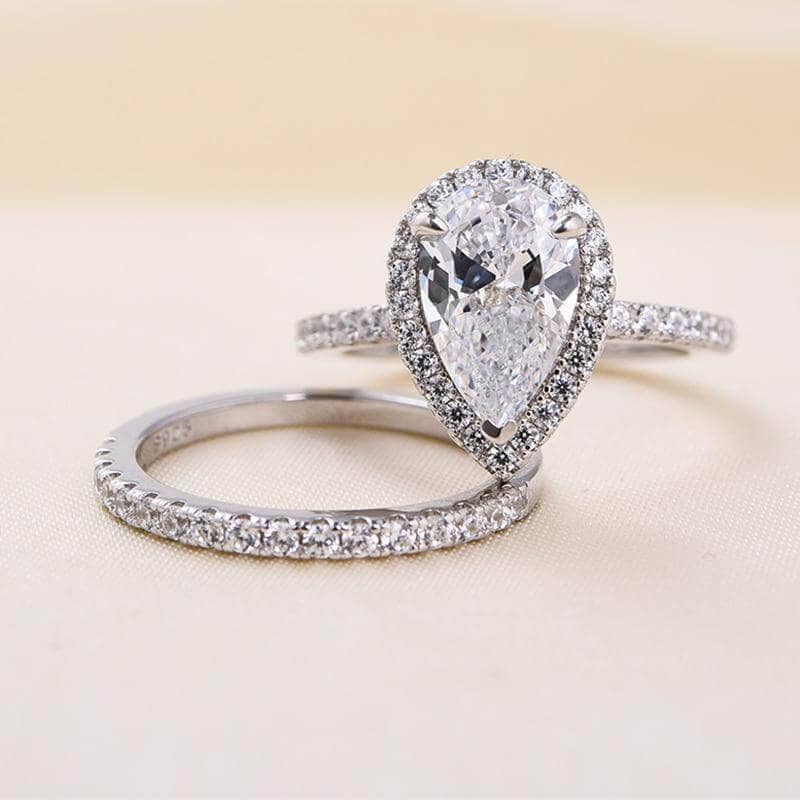 Halo Pear Cut White Sapphire Wedding Ring Set In White Gold-Black Diamonds New York