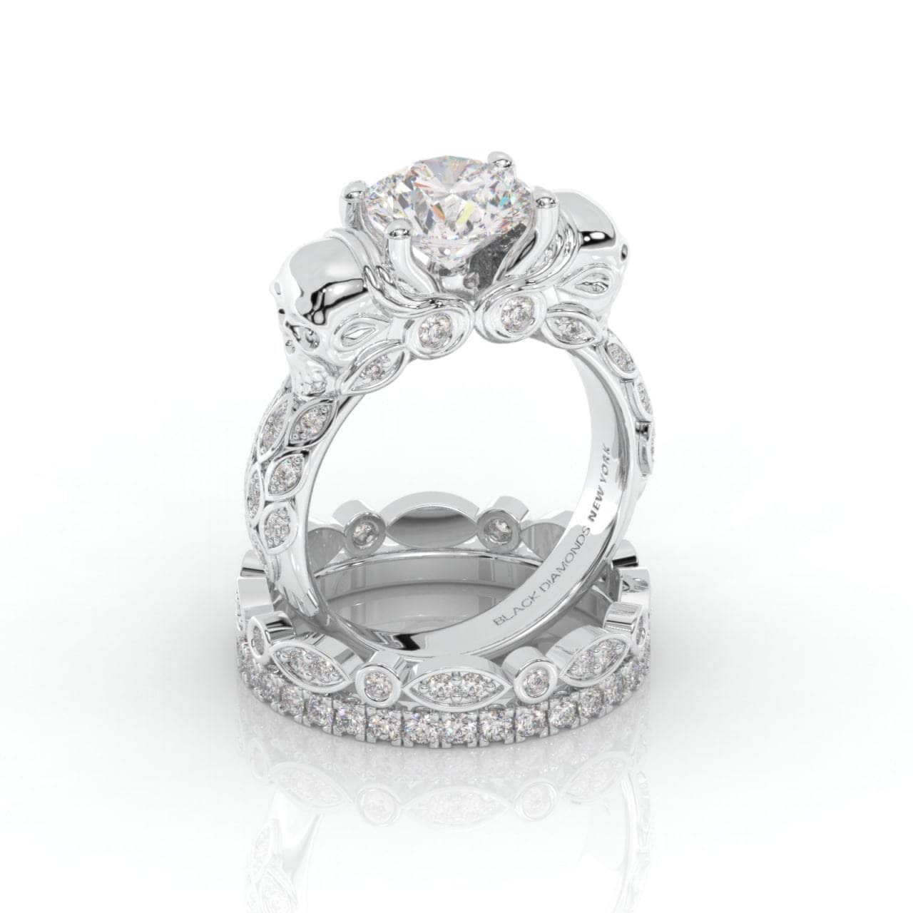 I love You Three Times More- 3PC 1 Carat Diamond Skull Ring Set-Black Diamonds New York