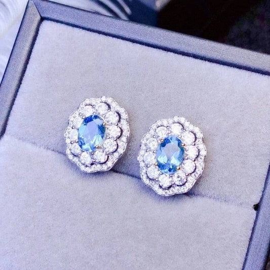 Oval Cut Natural Blue Topaz Stud Earrings-Black Diamonds New York