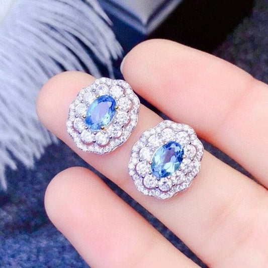 Oval Cut Natural Blue Topaz Stud Earrings-Black Diamonds New York